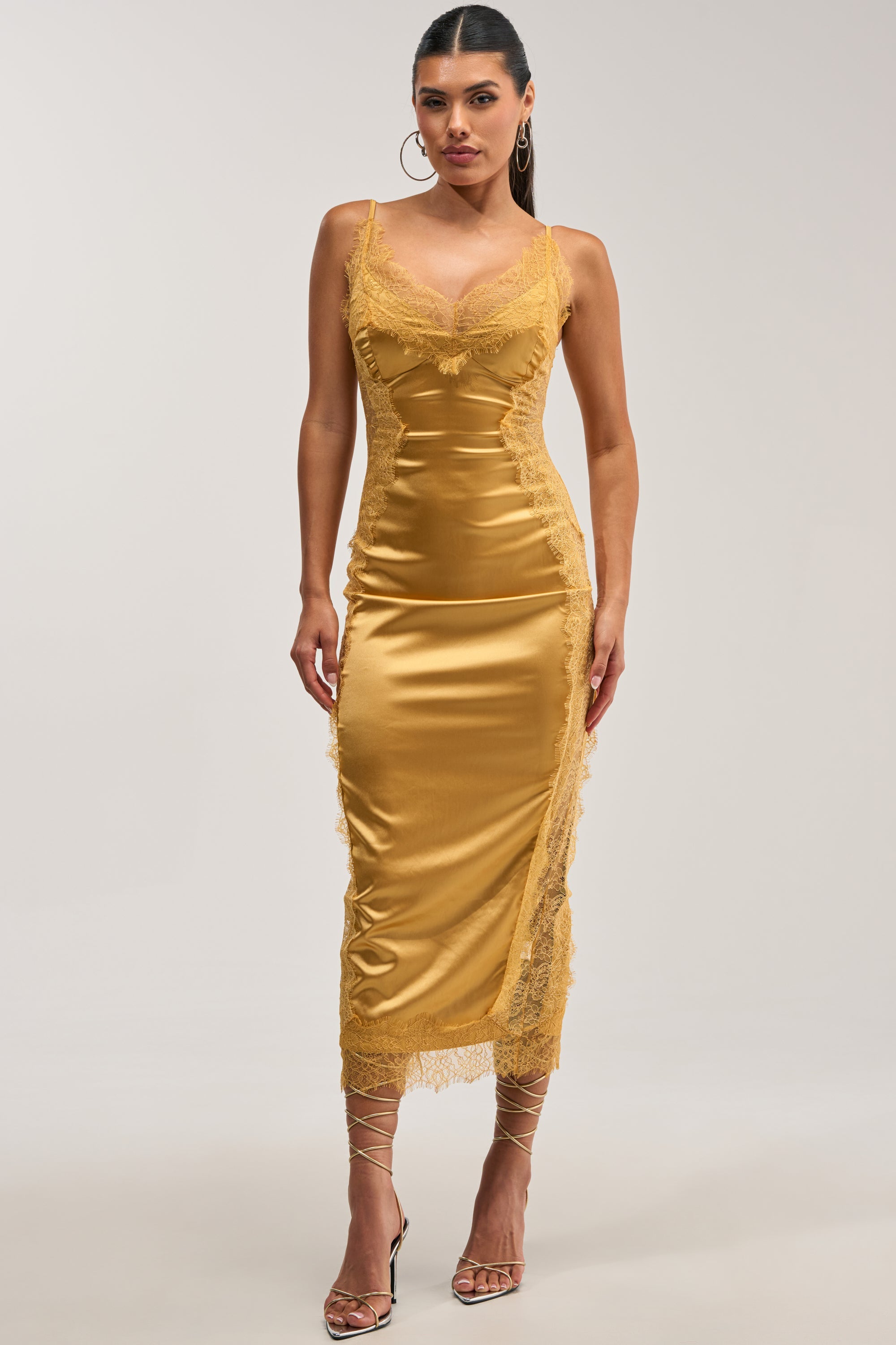 ESSENTIAL LACE TRIM SATIN SLEEVELESS MIDI DRESS IN GOLD