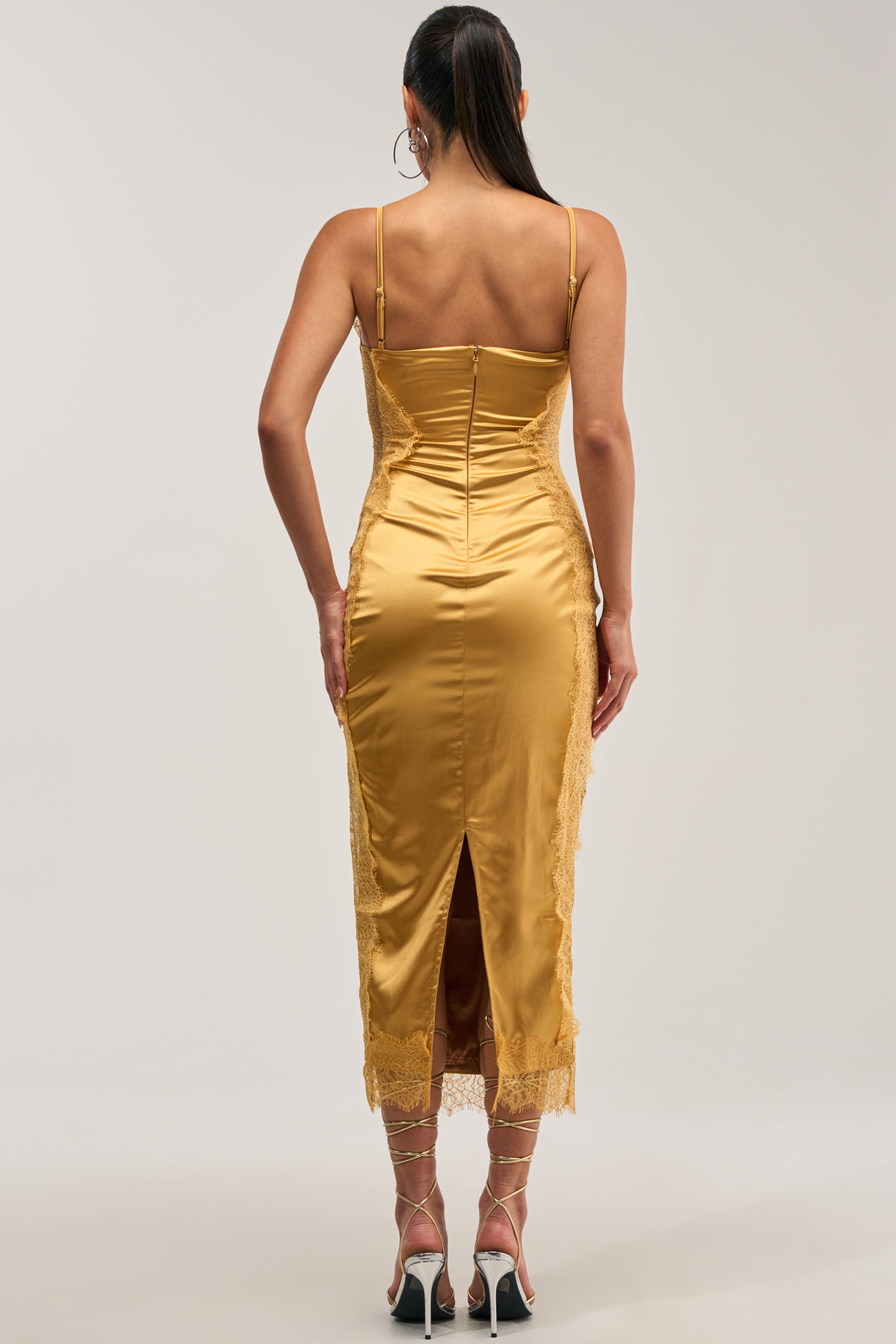ESSENTIAL LACE TRIM SATIN SLEEVELESS MIDI DRESS IN GOLD