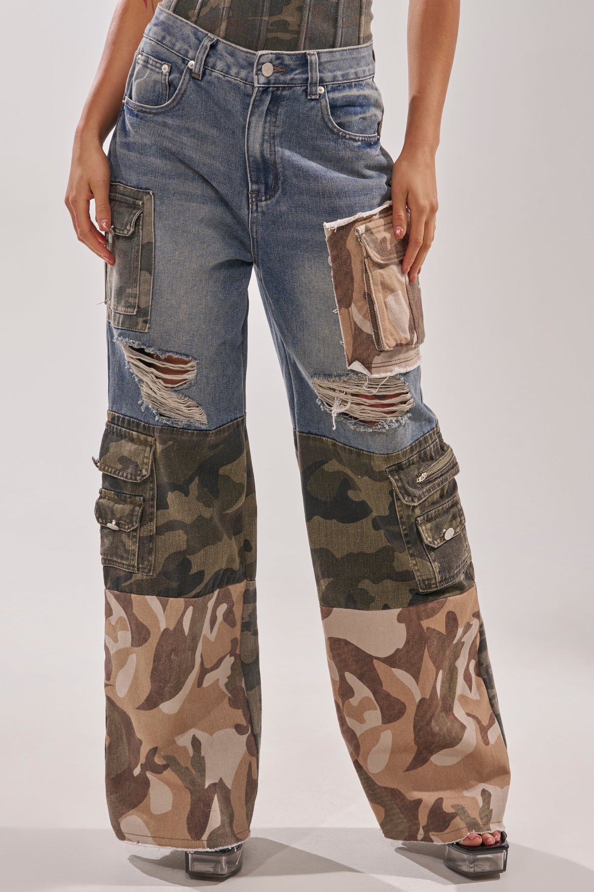MIXED CAMO DENIM CARGO PANTS