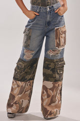 MIXED CAMO DENIM CARGO PANTS