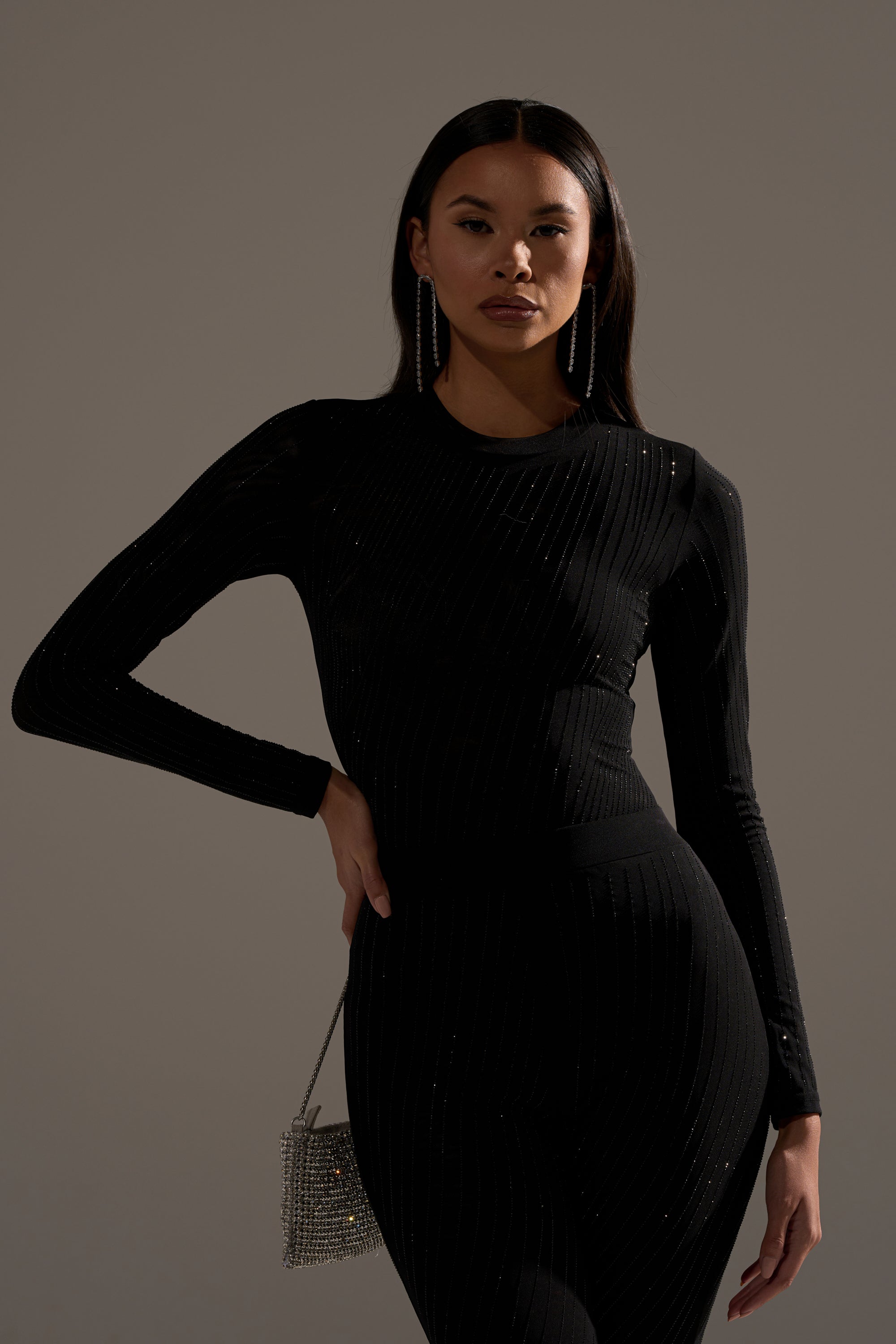 TWINKLING LIGHTS RHINESTONE LONG SLEEVE MESH BODYSUIT IN BLACK