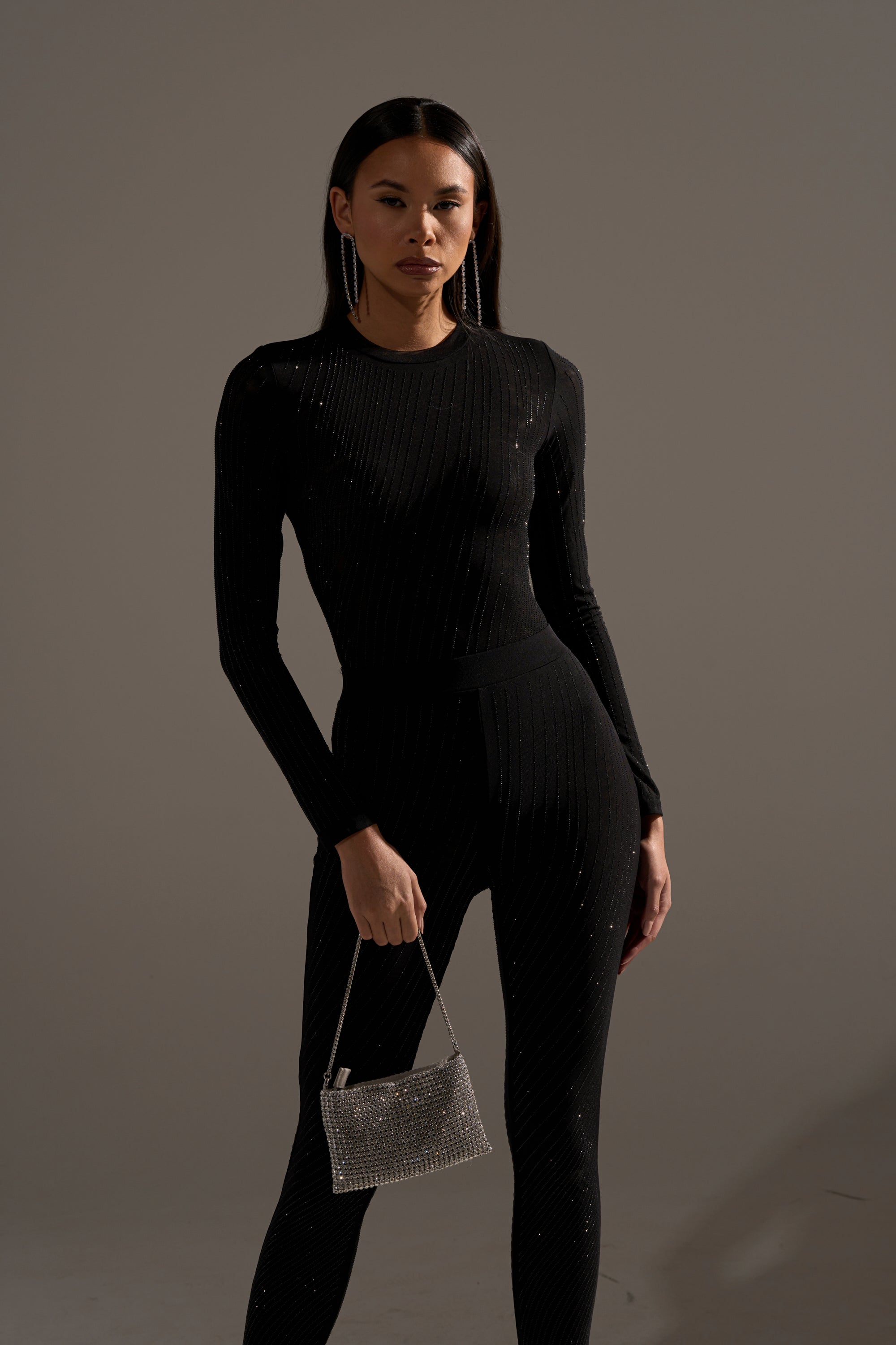 TWINKLING LIGHTS RHINESTONE LONG SLEEVE MESH BODYSUIT IN BLACK