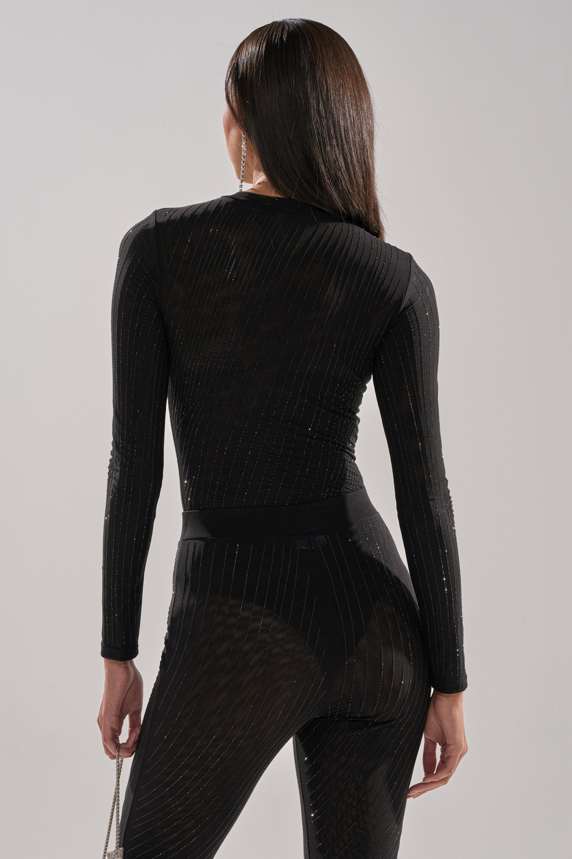 TWINKLING LIGHTS RHINESTONE LONG SLEEVE MESH BODYSUIT IN BLACK