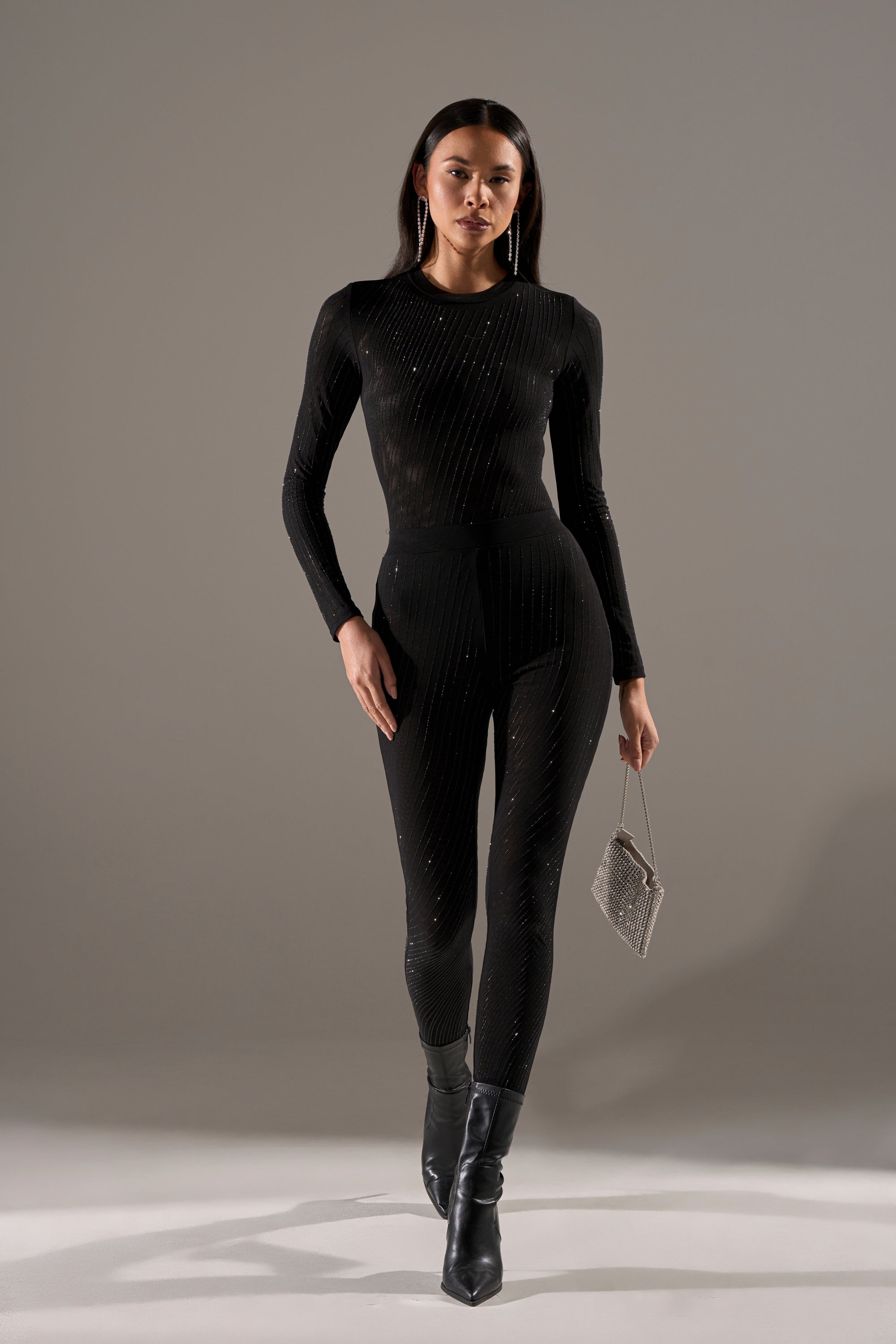 TWINKLING LIGHTS RHINESTONE LONG SLEEVE MESH BODYSUIT IN BLACK