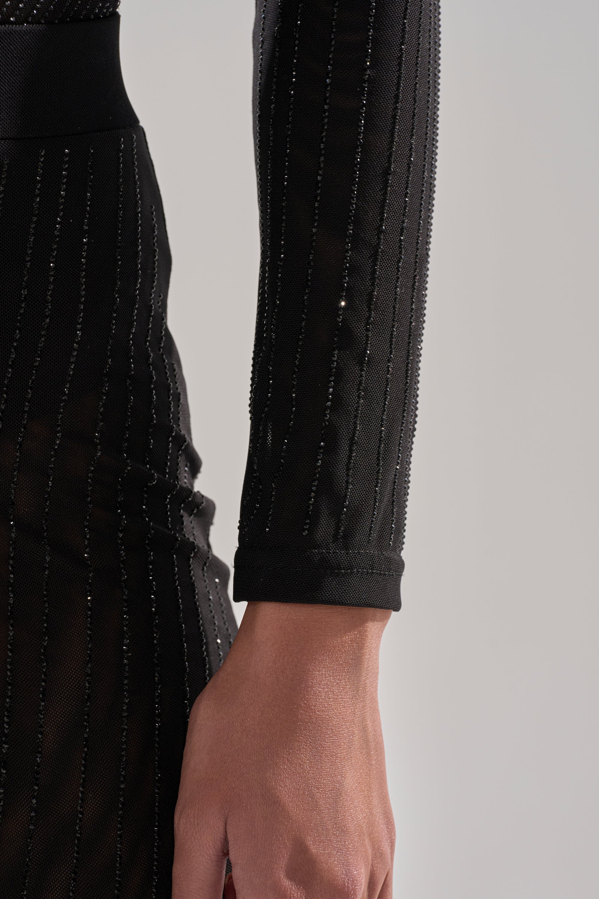 TWINKLING LIGHTS RHINESTONE LONG SLEEVE MESH BODYSUIT IN BLACK