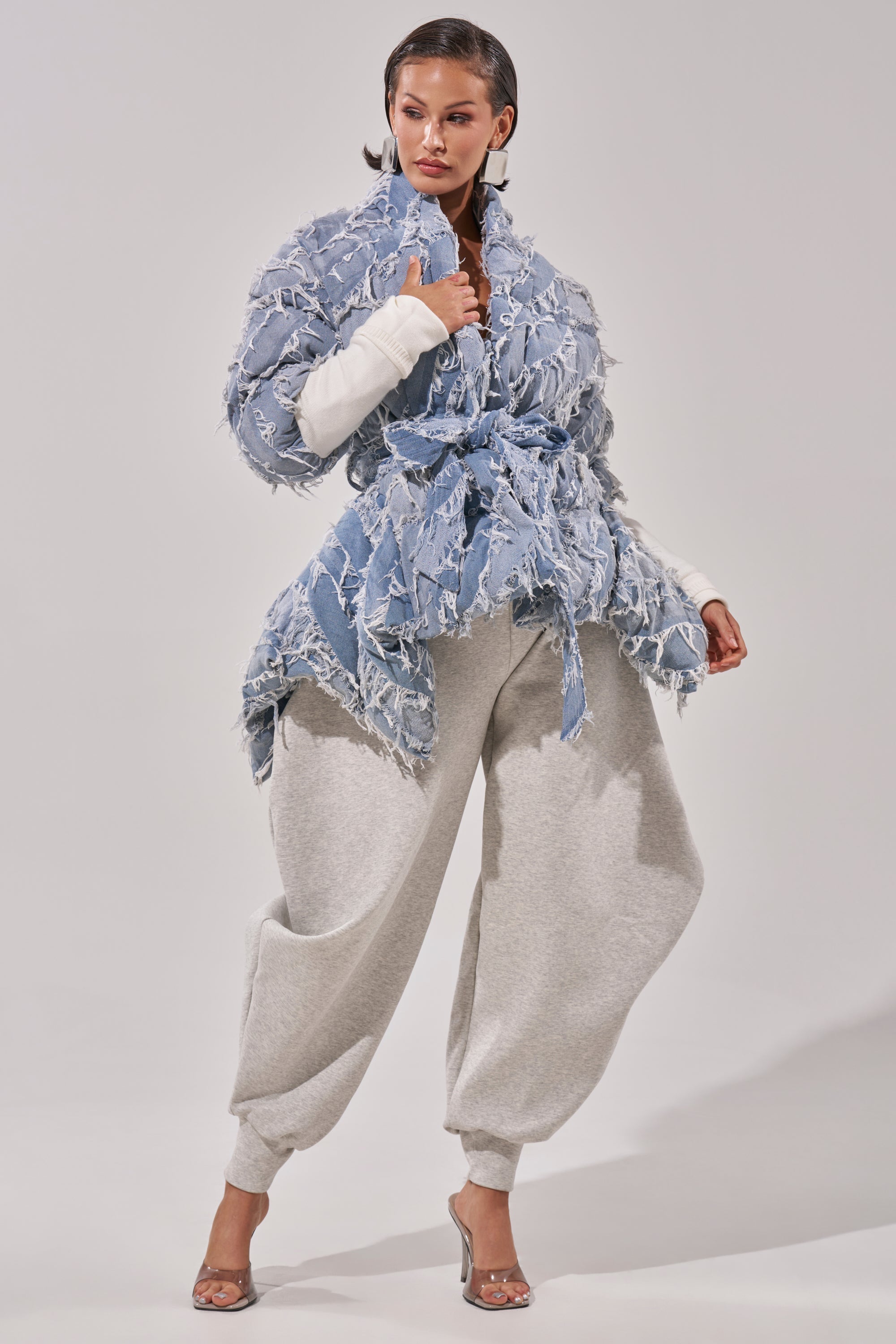 RIB SLEEVE PEPLUM PUFFER IN DENIM