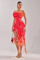 CITY LIGHTS RUFFLE MAXI DRESS IN RED OMBRE