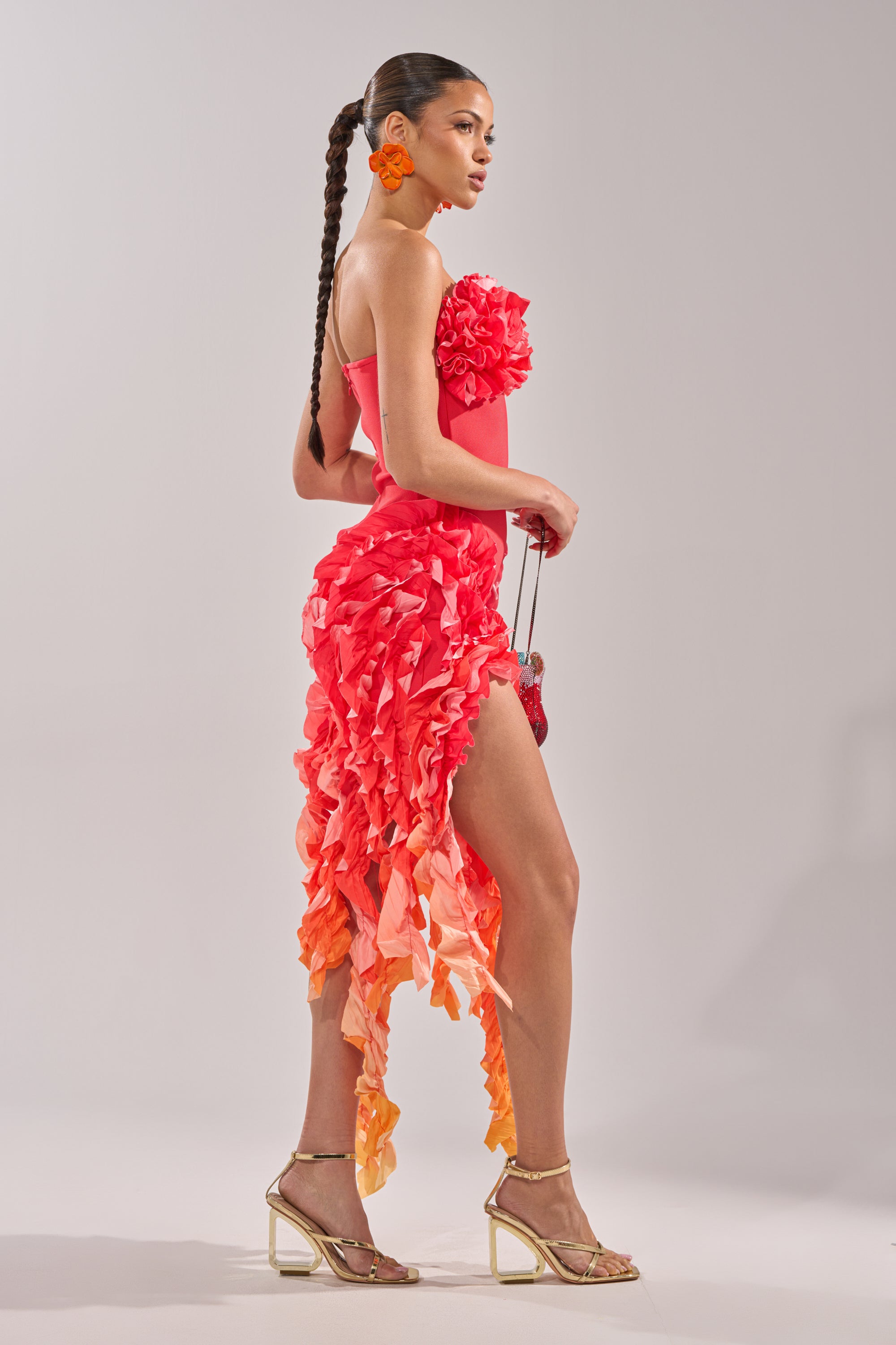 CITY LIGHTS RUFFLE MAXI DRESS IN RED OMBRE