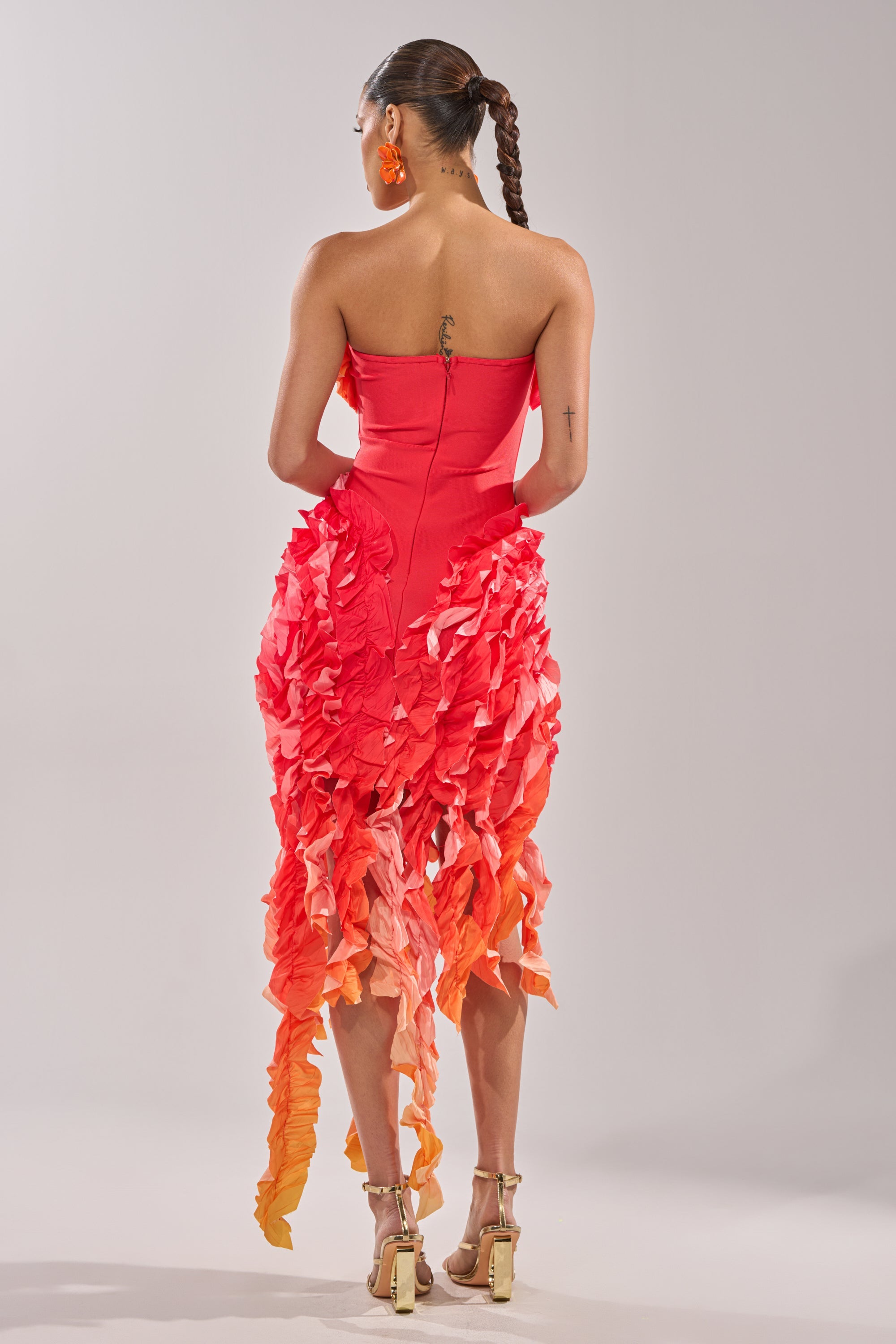 CITY LIGHTS RUFFLE MAXI DRESS IN RED OMBRE
