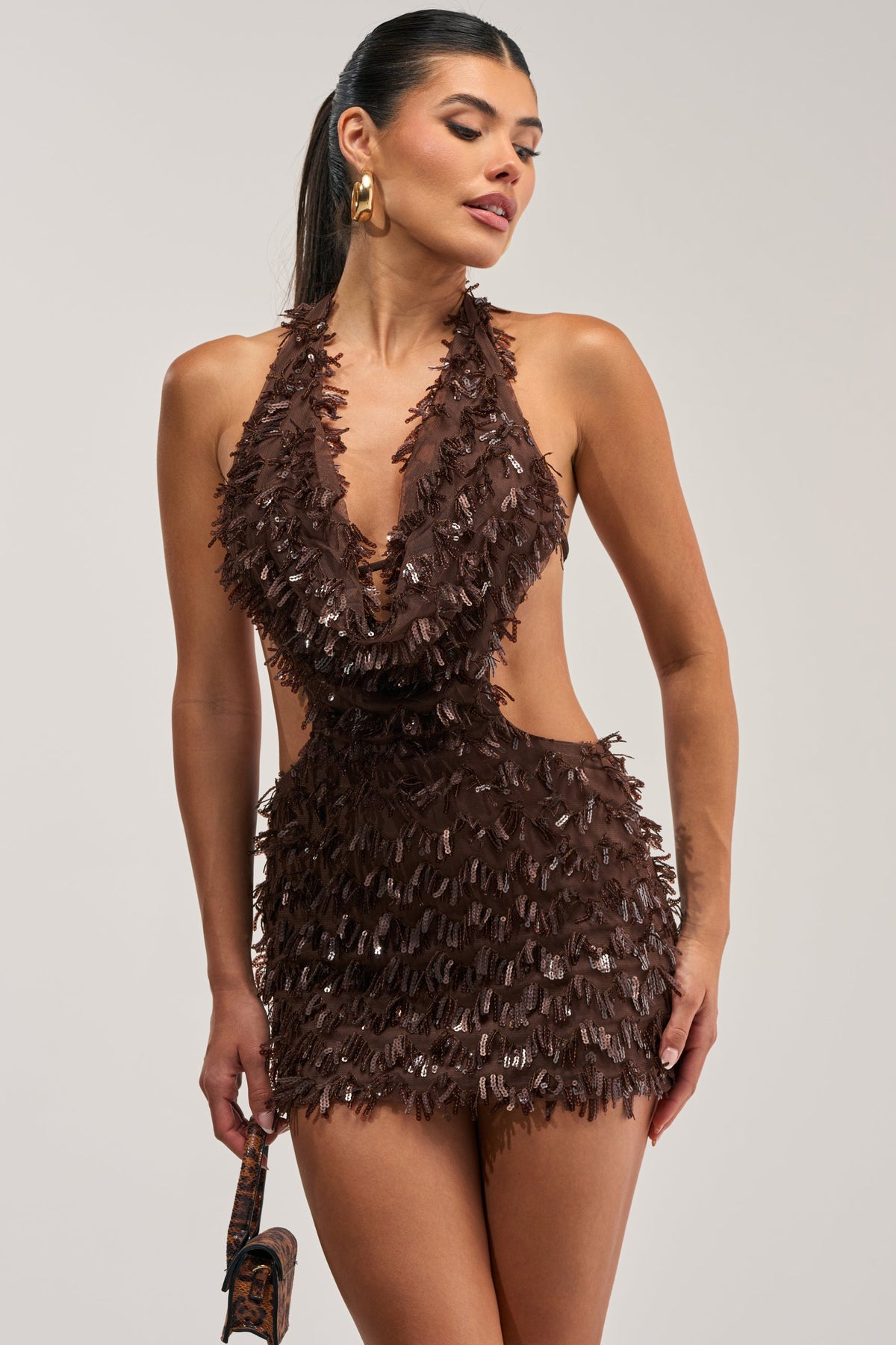 FIRST MOVE EMBELLISHED SEQUIN MINI DRESS IN BROWN