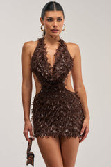 FIRST MOVE EMBELLISHED SEQUIN MINI DRESS IN BROWN