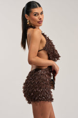 FIRST MOVE EMBELLISHED SEQUIN MINI DRESS IN BROWN