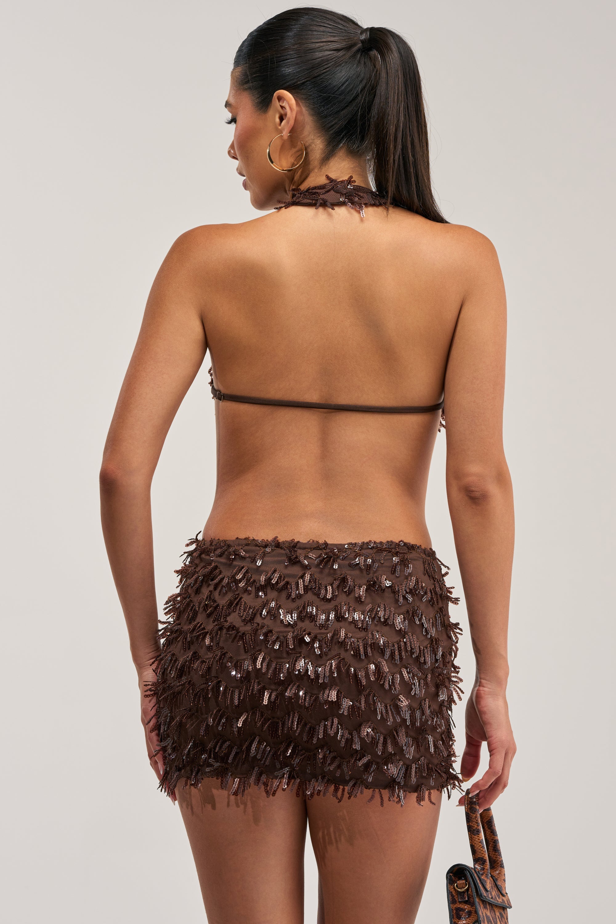 FIRST MOVE EMBELLISHED SEQUIN MINI DRESS IN BROWN