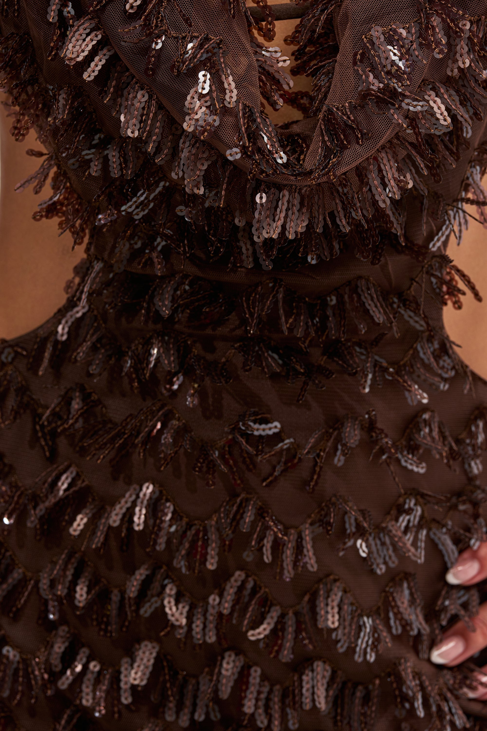 FIRST MOVE EMBELLISHED SEQUIN MINI DRESS IN BROWN