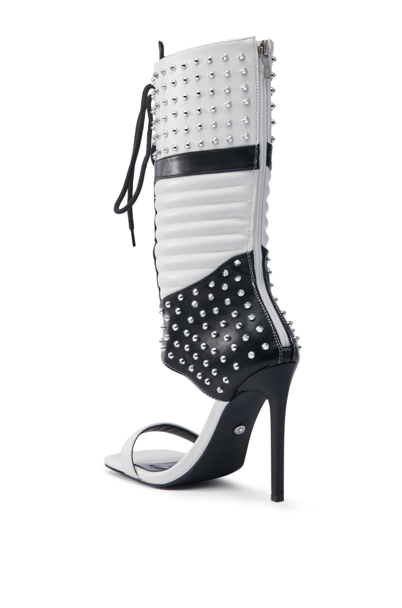 AZALEA WANG ALBERTO WHITEBLACK STUDDED OPEN TOE BOOT