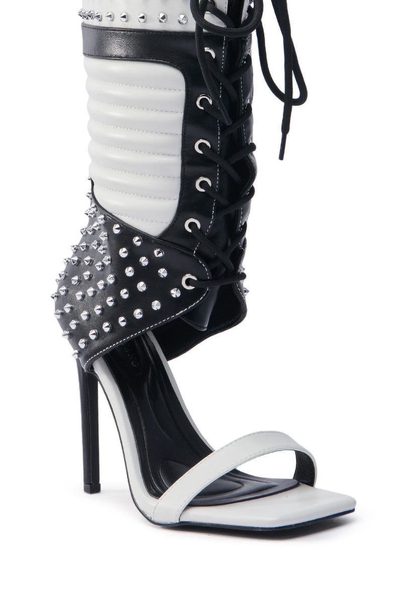 AZALEA WANG ALBERTO WHITEBLACK STUDDED OPEN TOE BOOT