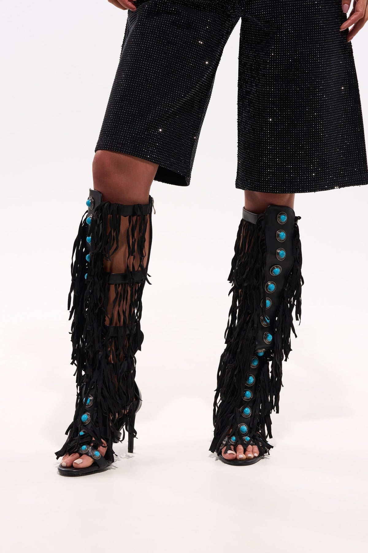 AZALEA WANG AMADEO BLACK FRINGE AND TURQUOISE GLADIATOR STILETTO SANDAL