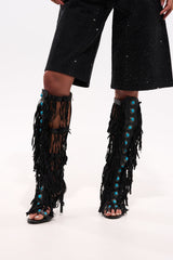 AZALEA WANG AMADEO BLACK FRINGE AND TURQUOISE GLADIATOR STILETTO SANDAL