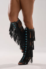 AZALEA WANG AMADEO BLACK FRINGE AND TURQUOISE GLADIATOR STILETTO SANDAL