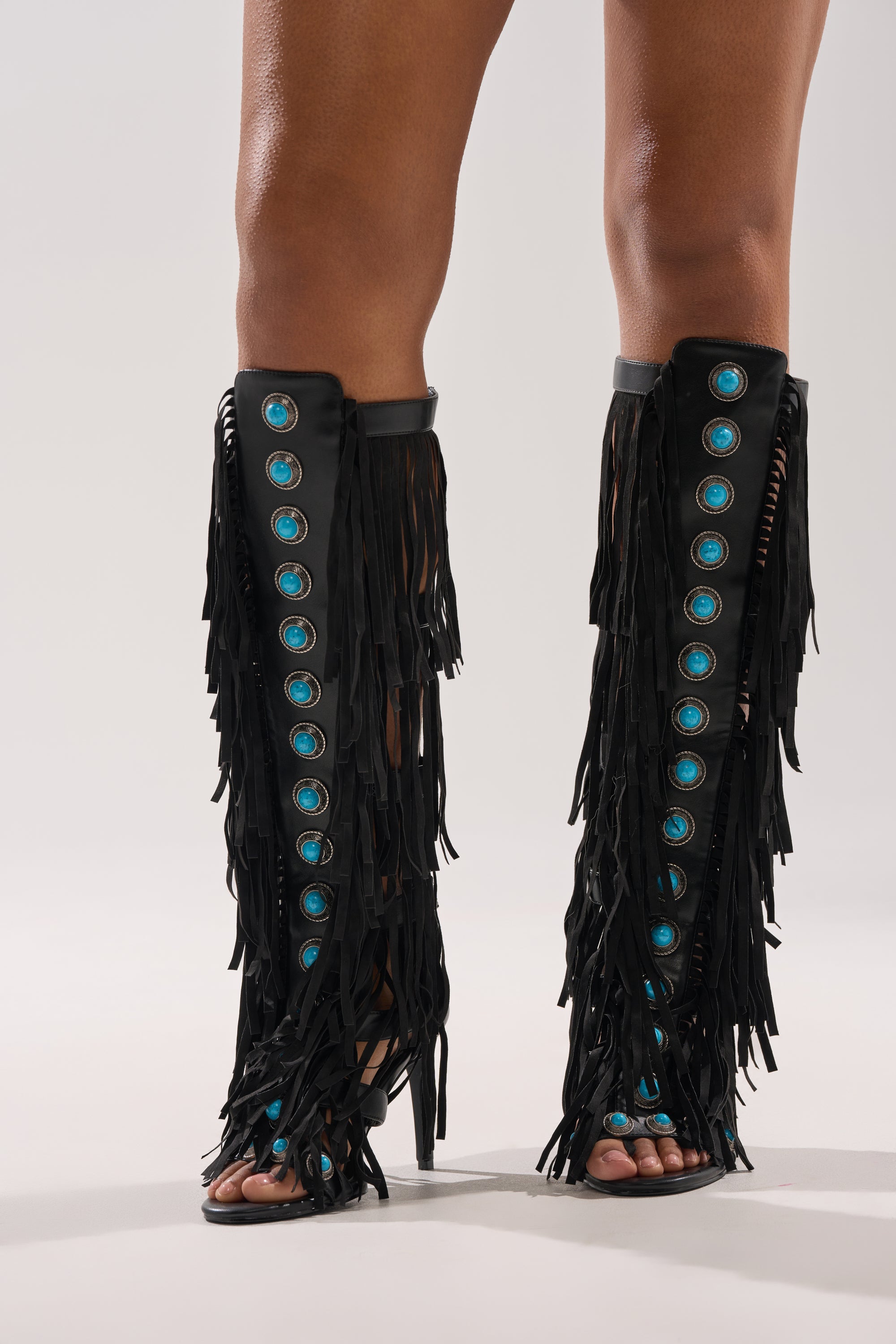 AZALEA WANG AMADEO BLACK FRINGE AND TURQUOISE GLADIATOR STILETTO SANDAL
