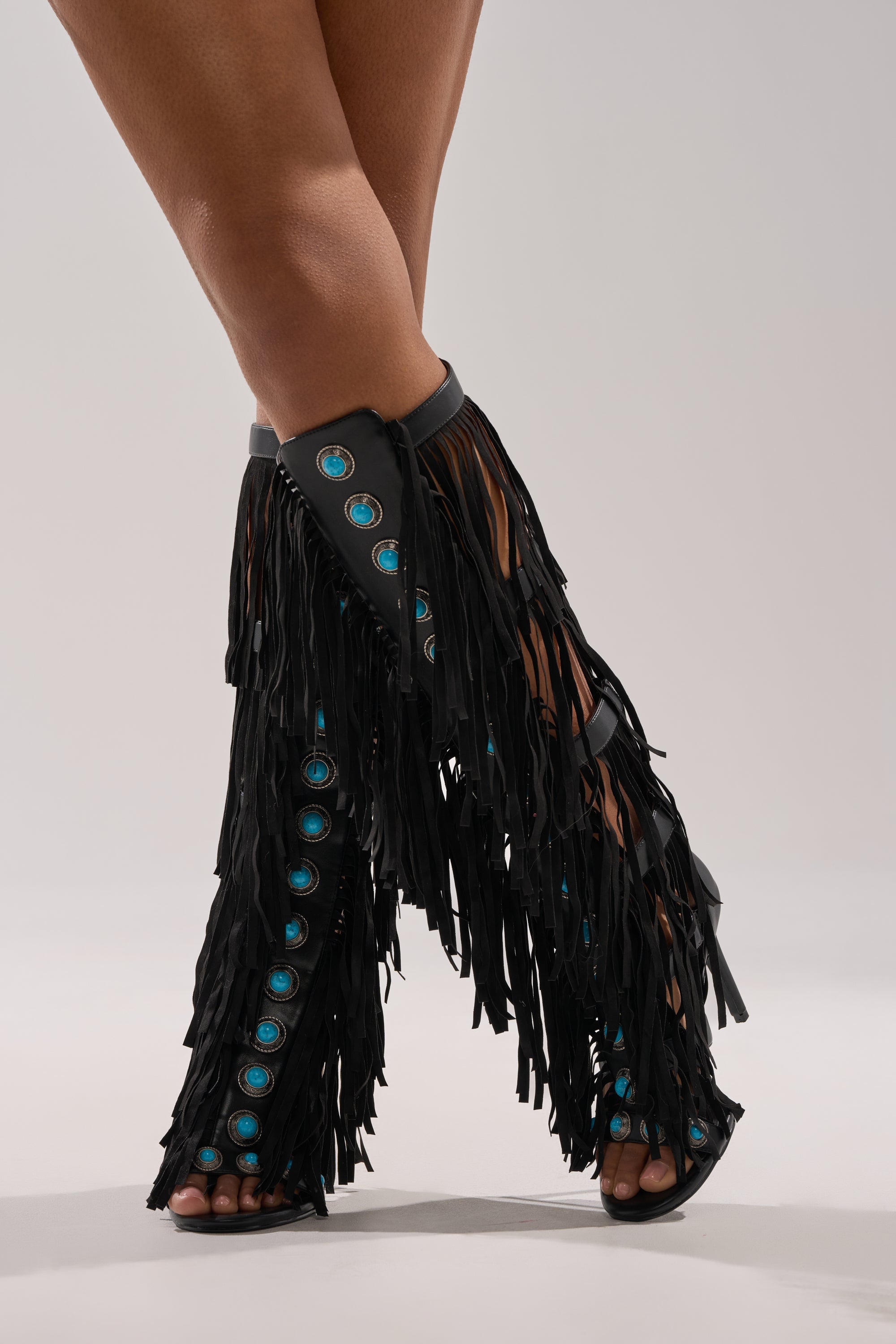 AZALEA WANG AMADEO BLACK FRINGE AND TURQUOISE GLADIATOR STILETTO SANDAL