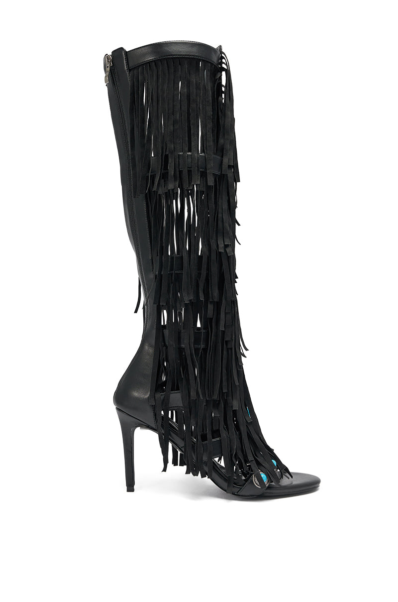 AZALEA WANG AMADEO BLACK FRINGE AND TURQUOISE GLADIATOR STILETTO SANDAL