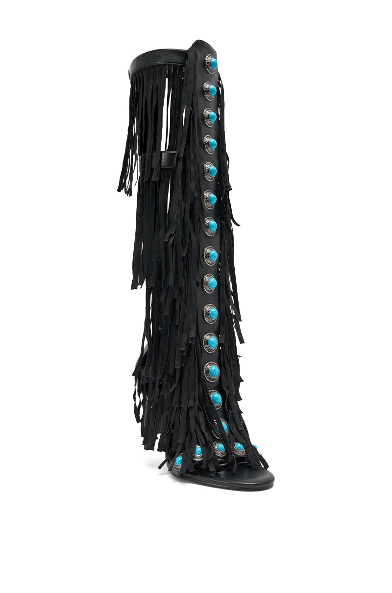 AZALEA WANG AMADEO BLACK FRINGE AND TURQUOISE GLADIATOR STILETTO SANDAL