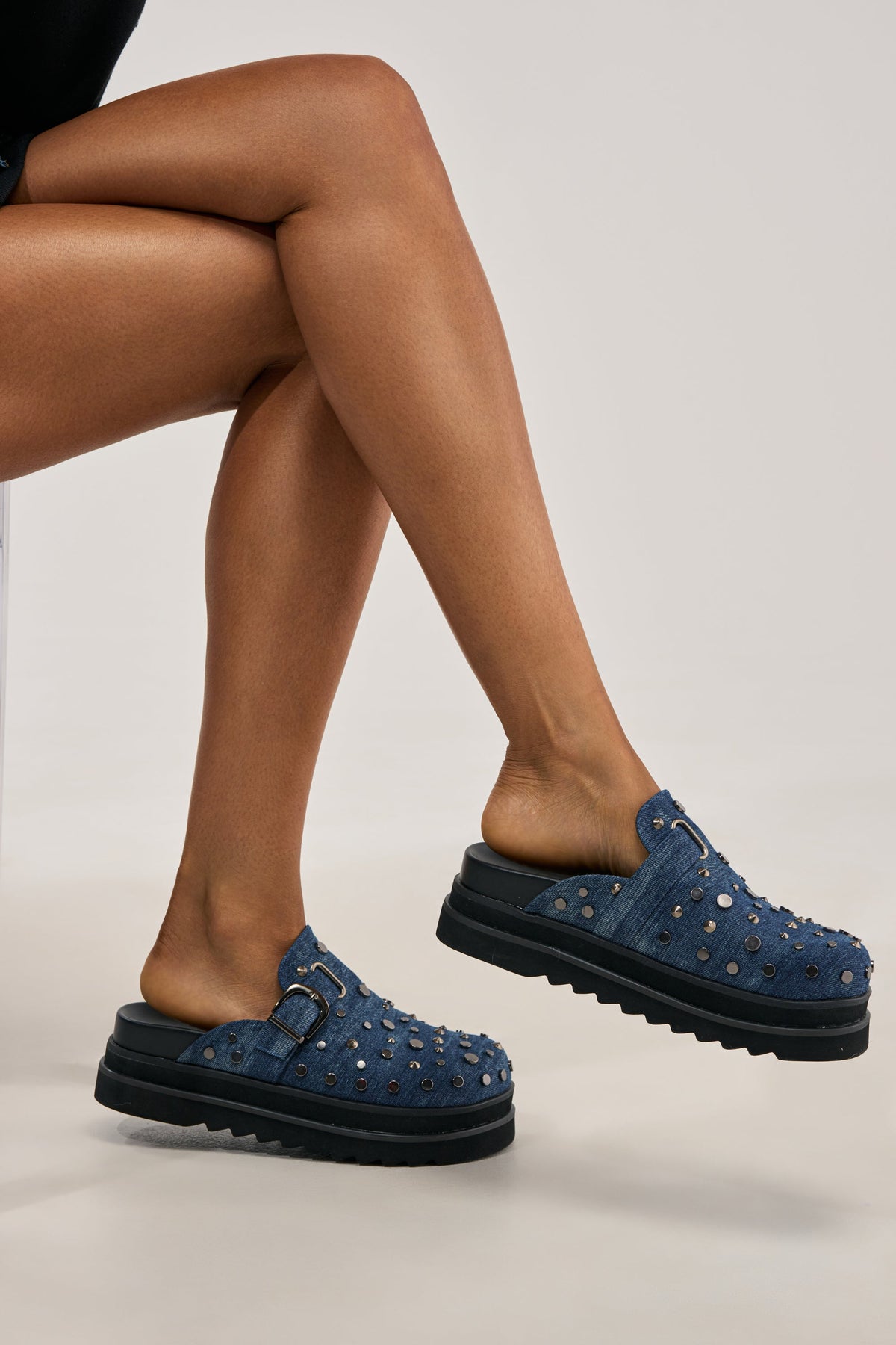 AKIRA GOLD BILLIANNA DENIM FLAT CLOG WITH HARDWARE