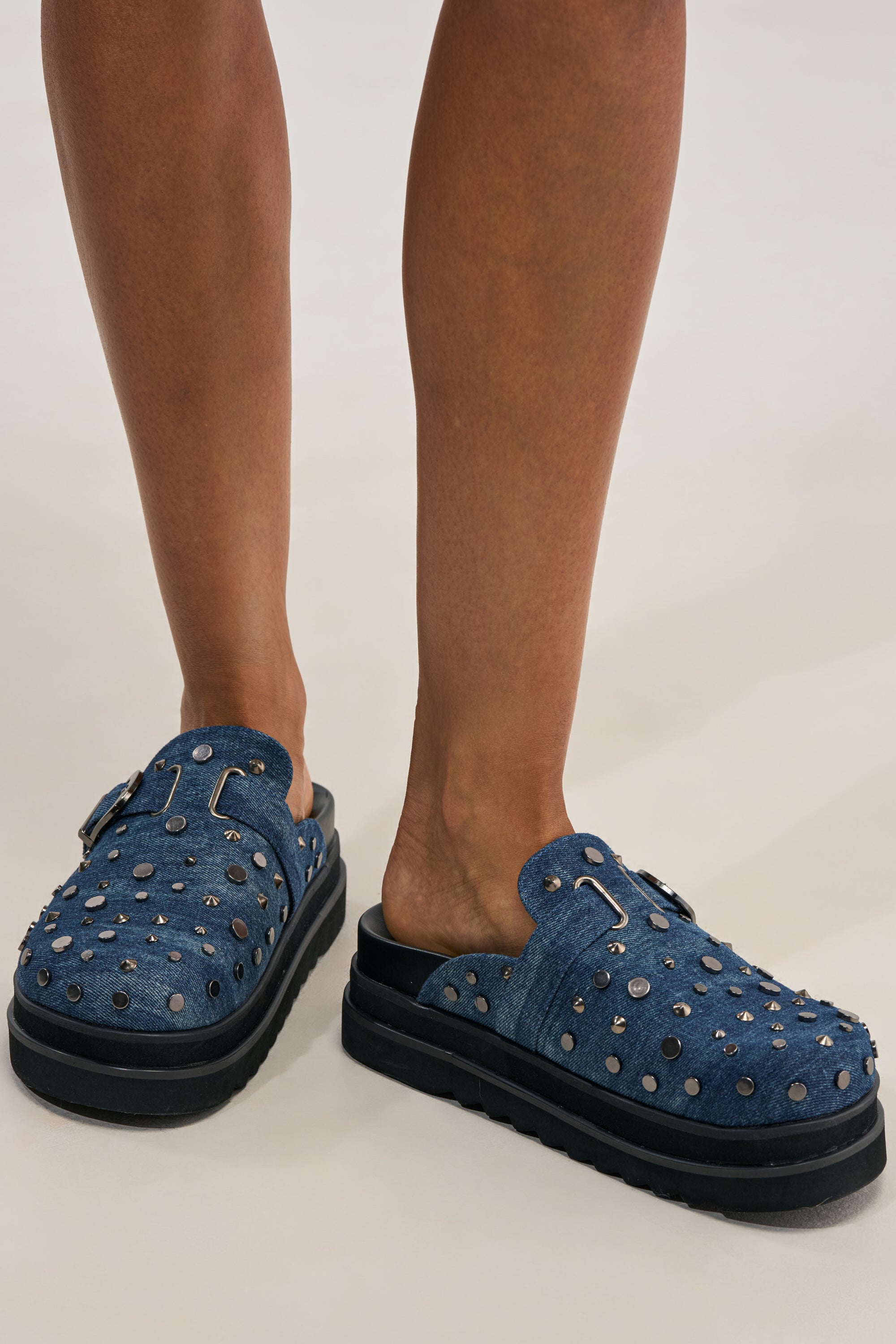 AKIRA GOLD BILLIANNA DENIM FLAT CLOG WITH HARDWARE