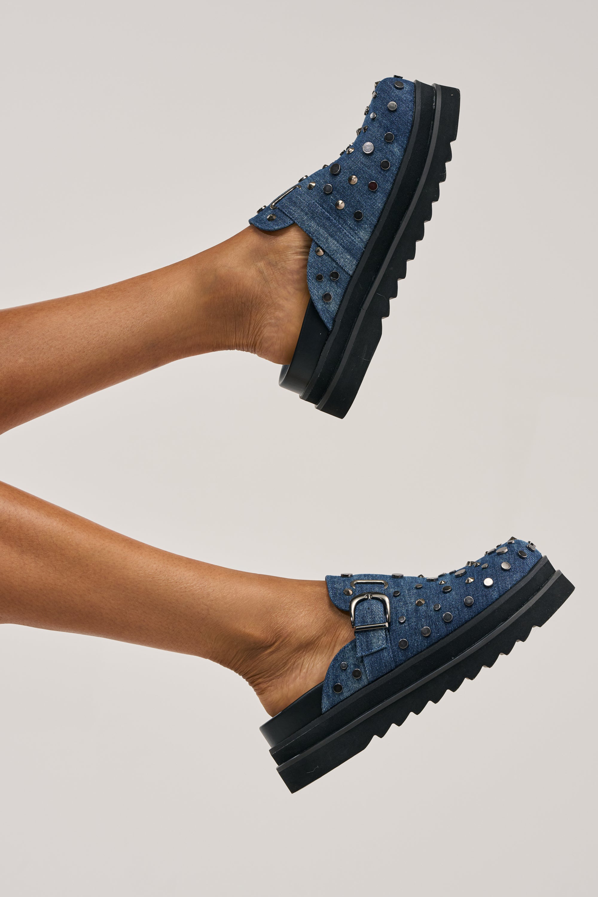 AKIRA GOLD BILLIANNA DENIM FLAT CLOG WITH HARDWARE