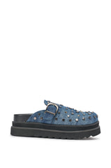AKIRA GOLD BILLIANNA DENIM FLAT CLOG WITH HARDWARE