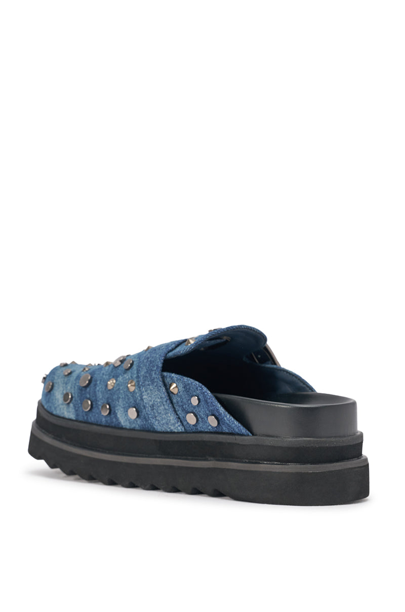 AKIRA GOLD BILLIANNA DENIM FLAT CLOG WITH HARDWARE