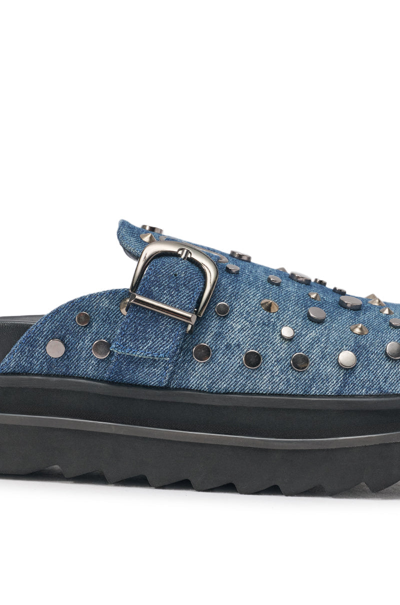 AKIRA GOLD BILLIANNA DENIM FLAT CLOG WITH HARDWARE