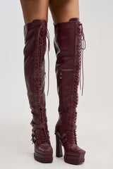 AKIRA GOLD BLITZEN BURGUNDY THIGH HIGH PLATFORM CROC BOOT