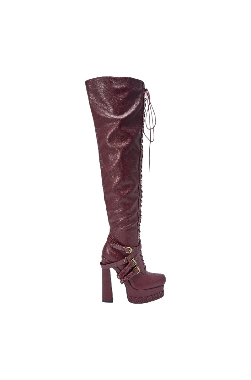 AKIRA GOLD BLITZEN BURGUNDY THIGH HIGH PLATFORM CROC BOOT