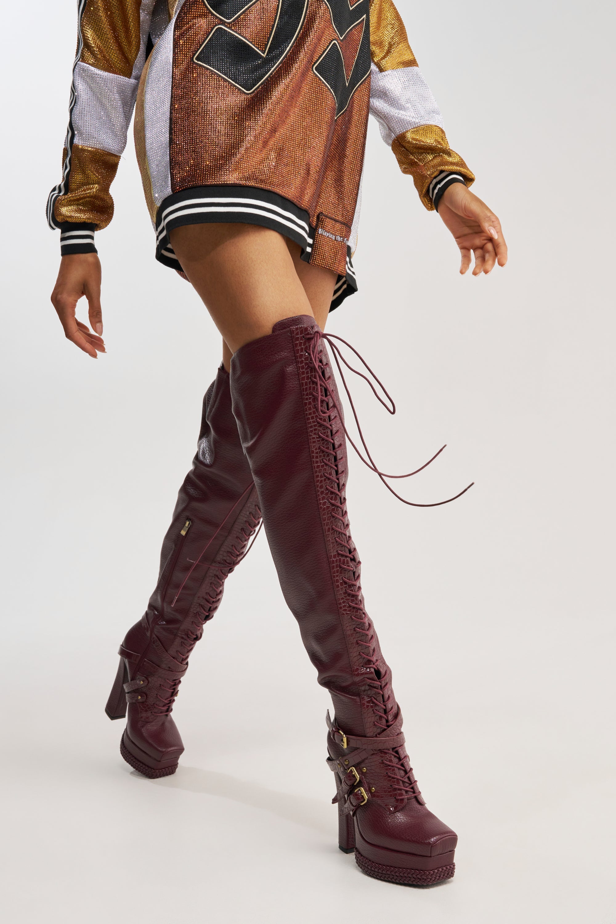 AKIRA GOLD BLITZEN BURGUNDY THIGH HIGH PLATFORM CROC BOOT
