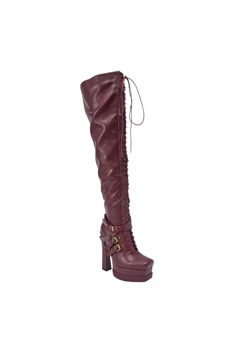 AKIRA GOLD BLITZEN BURGUNDY THIGH HIGH PLATFORM CROC BOOT