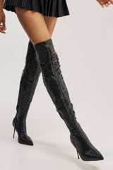 AZALEA WANG BOUDOIR BLACK STRETCH PU OVER THE KNEE CUT OUT BOOT