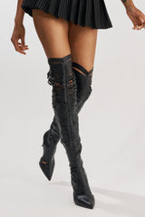 AZALEA WANG BOUDOIR BLACK STRETCH PU OVER THE KNEE CUT OUT BOOT