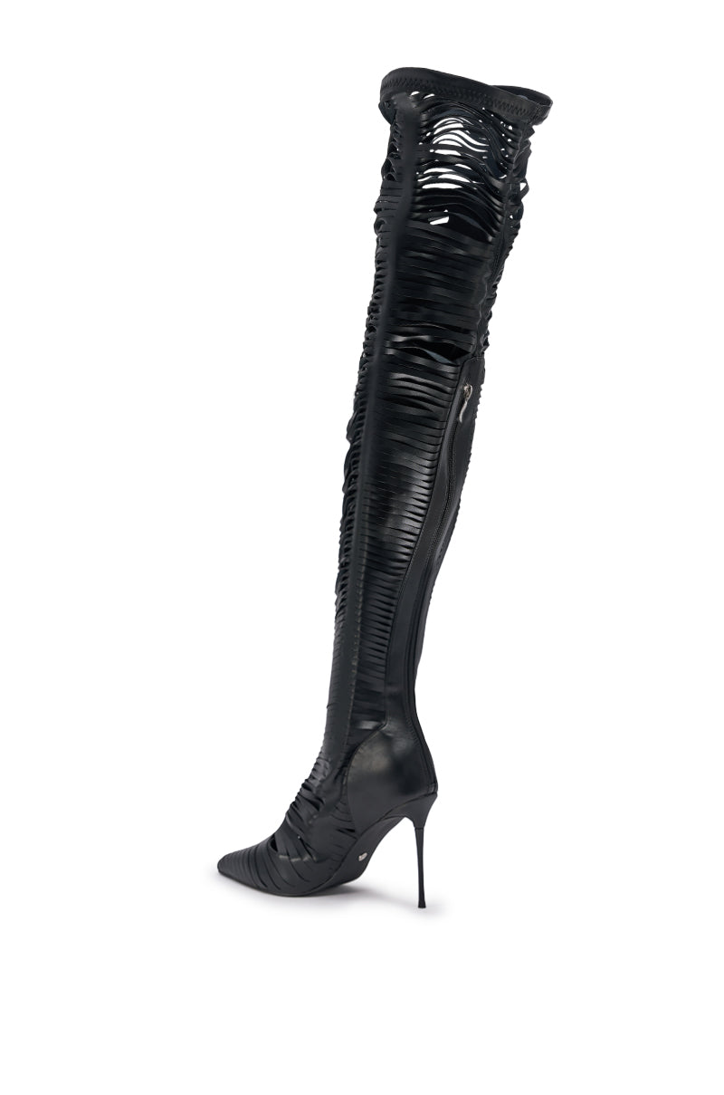 AZALEA WANG BOUDOIR BLACK STRETCH PU OVER THE KNEE CUT OUT BOOT