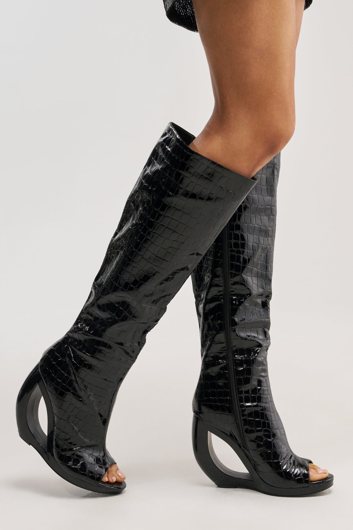 AZALEA WANG CAMILLA BLACK CROC OPEN TOE WEDGE BOOT