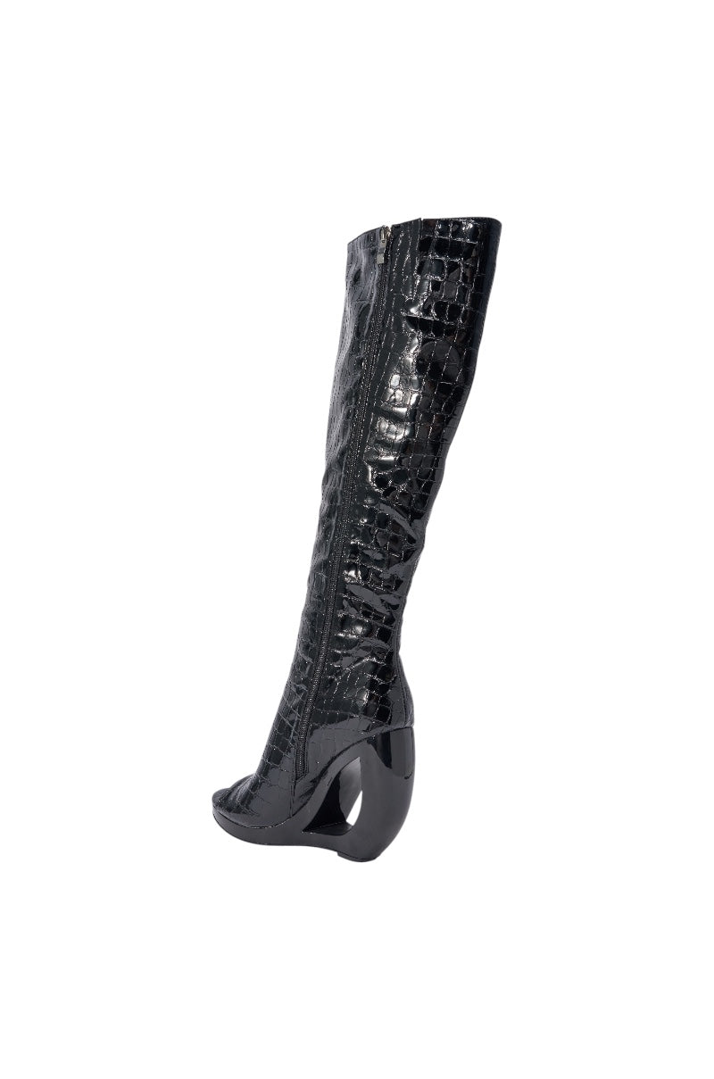 AZALEA WANG CAMILLA BLACK CROC OPEN TOE WEDGE BOOT