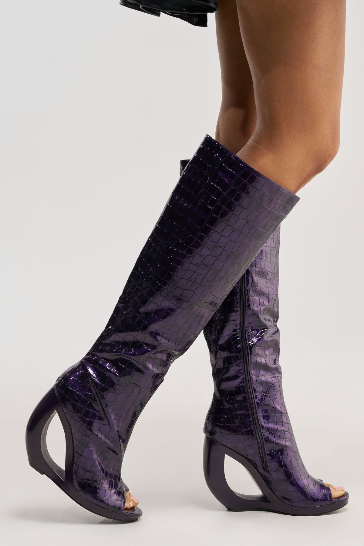 AZALEA WANG CAMILLA PURPLE NOIR CROC OPEN TOE WEDGE BOOT