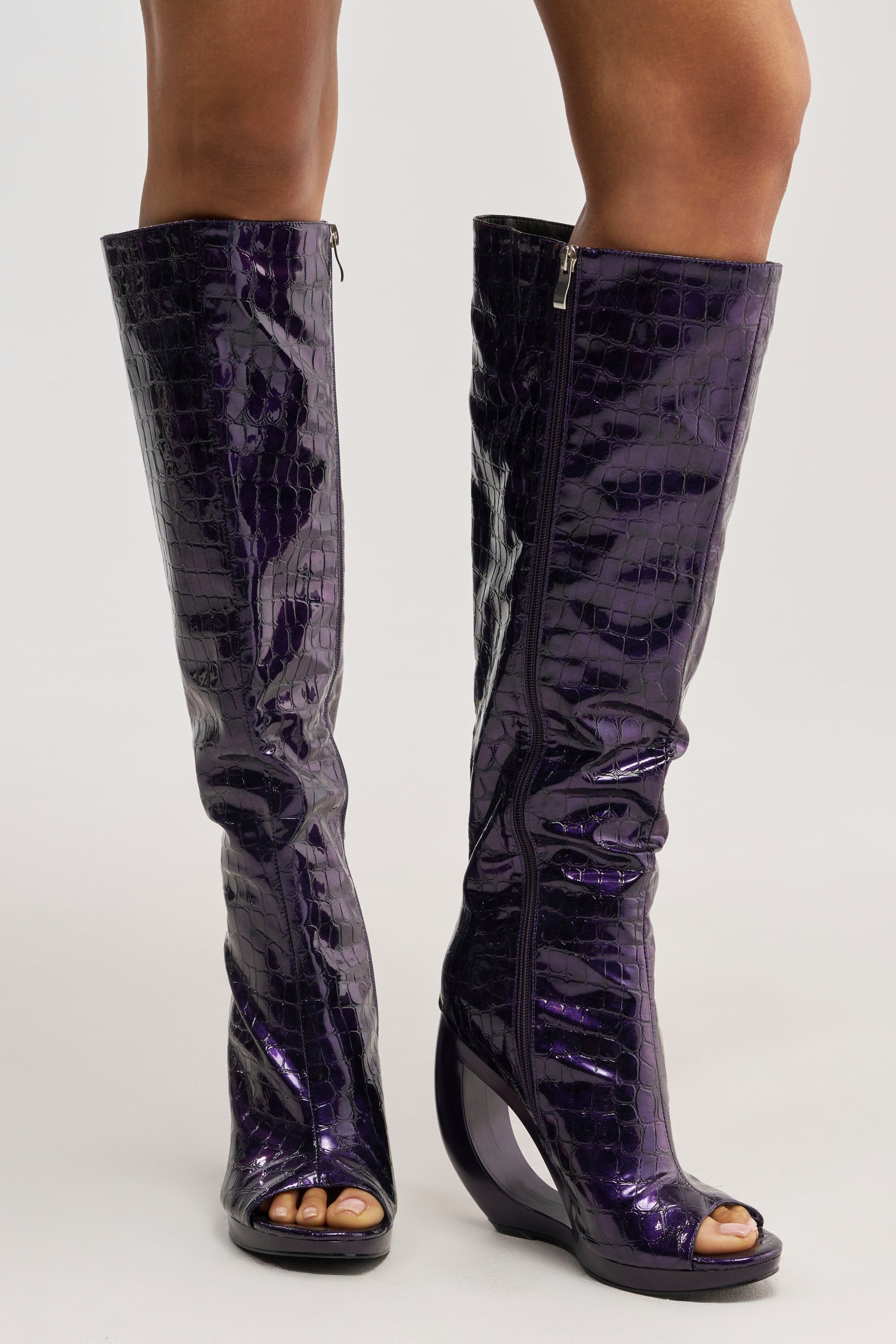 AZALEA WANG CAMILLA PURPLE NOIR CROC OPEN TOE WEDGE BOOT