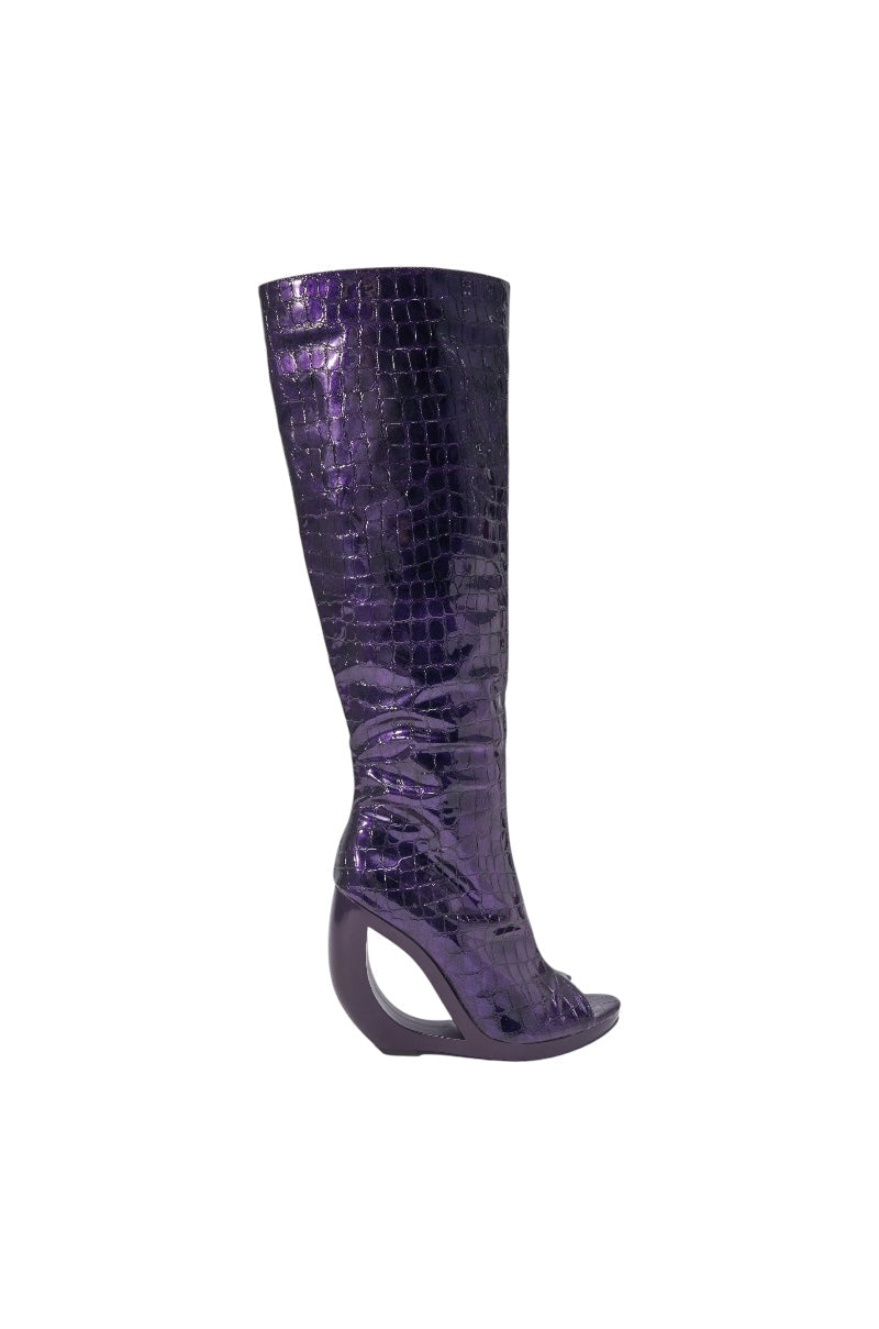 AZALEA WANG CAMILLA PURPLE NOIR CROC OPEN TOE WEDGE BOOT