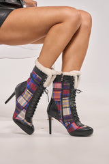 AZALEA WANG CLAUDIA PLAID MULTI STILETTO BOOTIE WITH SHERPA LINING