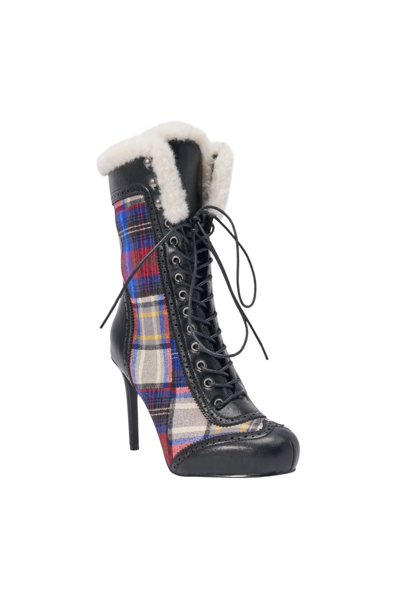 AZALEA WANG CLAUDIA PLAID MULTI STILETTO BOOTIE WITH SHERPA LINING