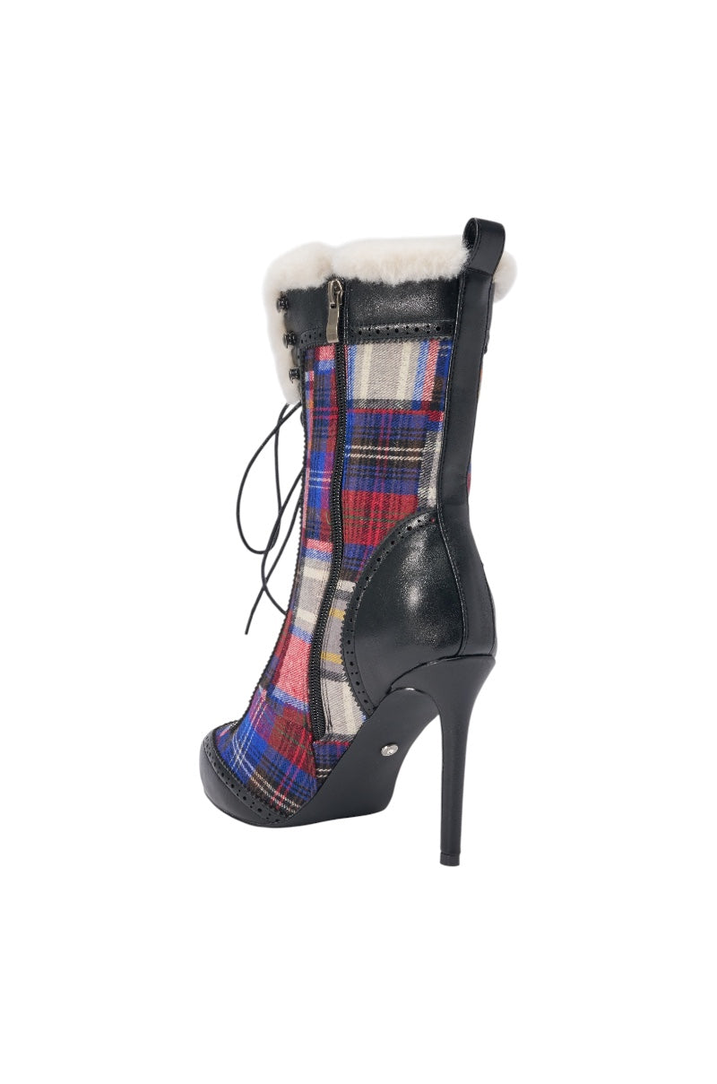 AZALEA WANG CLAUDIA PLAID MULTI STILETTO BOOTIE WITH SHERPA LINING