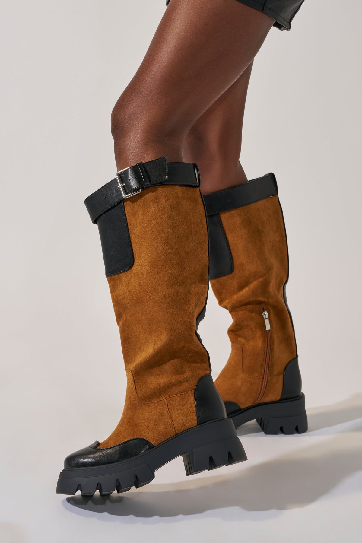 AZALEA WANG DALILA COLOR BLOCKED FLATFORM BOOT IN COGNAC