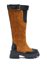 AZALEA WANG DALILA COLOR BLOCKED FLATFORM BOOT IN COGNAC